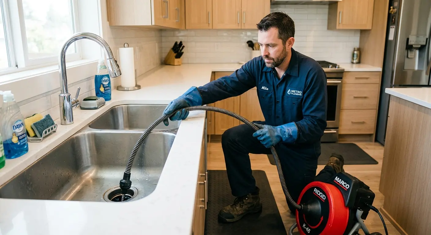 Drain cleaning technician using a motorized snake on a kitchen sink in Kerrville