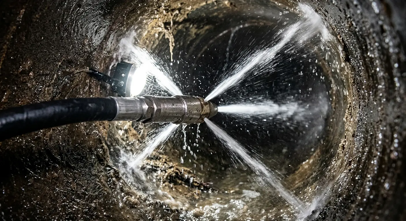 High-pressure hydro jetting nozzle cleaning sewer pipe for Sewer Cleanout in Kerrville