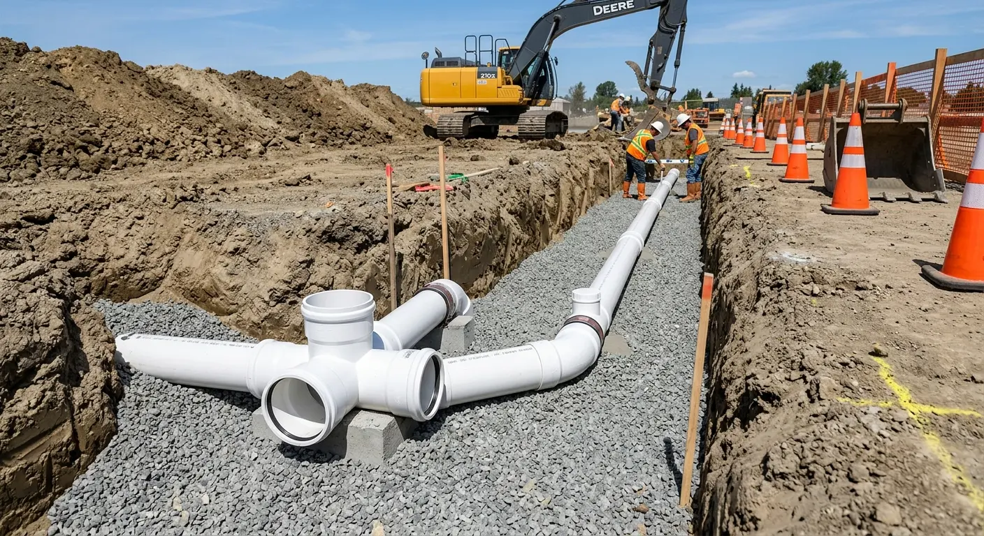 New PVC sewer pipe installation in open trench for Commercial Drain Cleaning in Kerrville