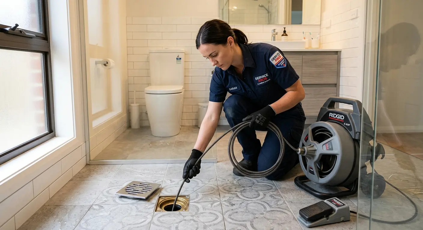 Technician clearing a bathroom floor drain for Clogged Drain Repair in Kerrville